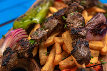 grilled meat with vegetables and fries