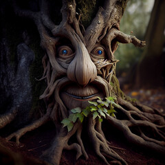 Fototapeta na wymiar Young gnarled anthropomorphic tree with eyes, generative ai