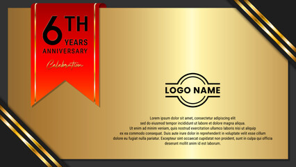 6th Anniversary Celebration. Golden Anniversary template design with red ribbon for birthday celebration event. Vector Template Illustration