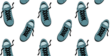 Seamless pattern with blue sneakers or sneakers, top view. Doodle vector illustration
