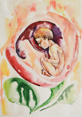 Watercolor illustration. A child in a flower in the position of an embryo with a placenta