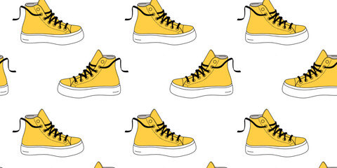 Seamless pattern with yellow sneakers. Doodle vector illustration