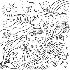Landscape to paint, children, landscape drawing, sketch, doodle, house, nature, waves, wildlife, field