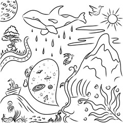Vector drawing of tender multiverse Doodle for children, Funny drawing of the field to paint, galaxy, universe, wild animals, maritime, whale, ship Summer, nature, woman's profile
