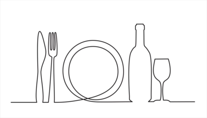 Fotobehang Continuous one single line drawing of plate, fork, knife, bottle of wine and glass. Menu food design. Vector illustration. © mitay20