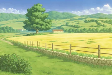 Tuinposter a beautiful harmonical landscape in summer with a yarn, anime painting, generative ai technology  © Sternfahrer