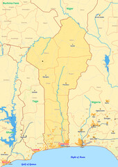 Benin map with cities streets rivers lakes