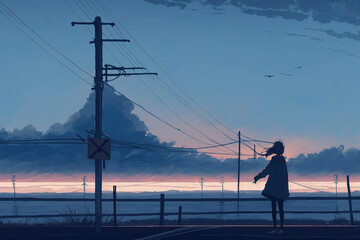 an anime girl is standing lonely at the train station, thinking about life, manga anime art, generative ai technology
