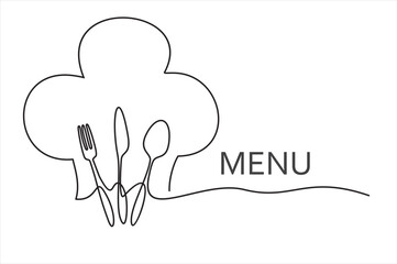 One single line drawing of chef hat or cap with fork, spoon and knife for restaurant vector graphic illustration. Elegant cafe badge concept. Modern continuous line draw design street food logotype