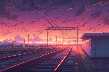a train station at sunset, anime manga style, generative ai technology
 - obrazy, fototapety, plakaty