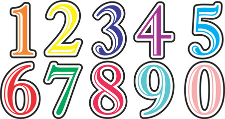 Latin alphabet numbers from 1 to 0 with black outline. Vector figures.