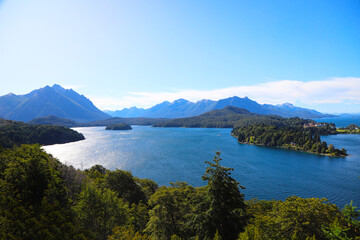 Landscape of Lake Nahuel Huapi. Bariloche, Río Negro, Argentina. Patagonia. Panoramic view. Touristic city. Mountains and lake. pine forests. Islands.