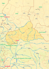 Central African Republic map with cities streets rivers lakes