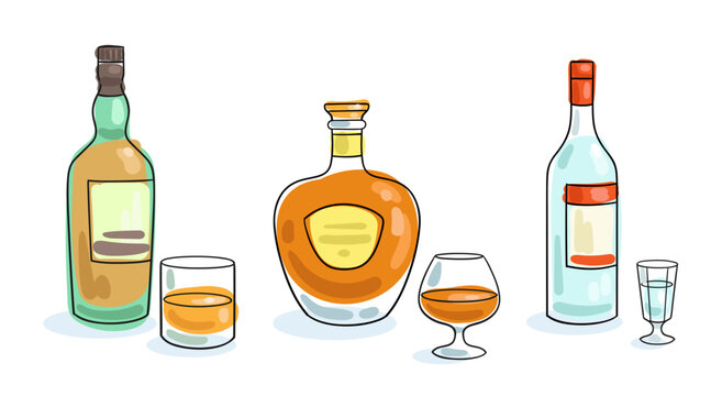 Set of three bottles of strong alcohol. Whiskey, cognac, vodka with glasses. Vector flat illustration in line style. Black contour with colored spots. Isolated on white. Template for menu design