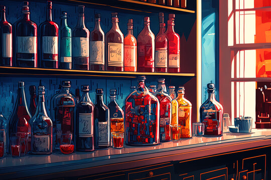 a bar with red and blue beverages. Cocktails with alcohol against a backdrop of shelves and bottles. booze bottles indistinctly displayed on the bar's wall. Generative AI