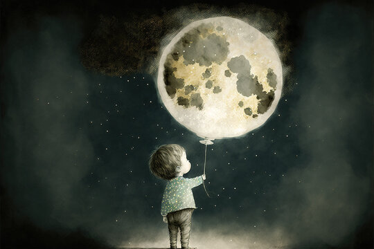 a cute young boy holding the moon as a balloon, fairytale fantasy artwork, generative ai technology
