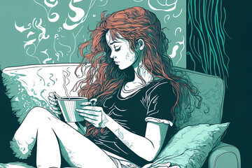 The attractive young woman was reading on the couch while holding a coffee cup. The component is hand drawn in the doodling style of Illustration. Generative AI