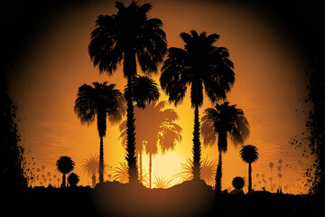 palm tree silhouettes with a sun backdrop. Generative AI
