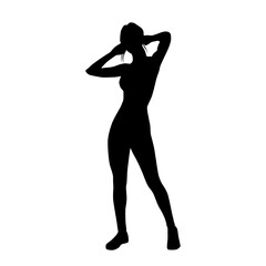 Vector silhouette of a young attractive slender woman in sportswear, standing with her hands up, black, isolated on a white background