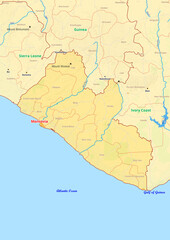 Liberia map with cities streets rivers lakes