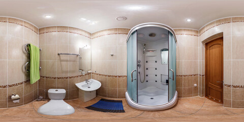 seamless 360 panorama in interior of bathroom of cheap hotel,  flat or apartments with toilet,...