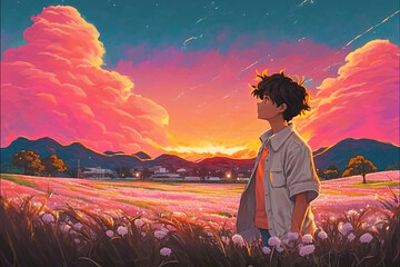 a modern cool looking anime boy standing in a big field and watching the sky, generative ai technology
 - obrazy, fototapety, plakaty