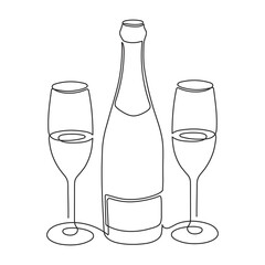 Hand drawn champagne bottle and glasses one line art,continuous drawing contour.Festive decoration for holidays,romantic design for Valentine's Day.Editable stroke. Isolated.Vector