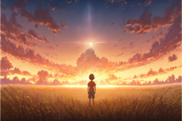 a boy thinking about life in a big lonely field, manga anime art, generative ai technology
