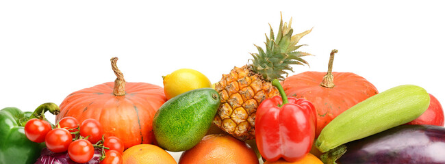 Fruits and vegetables isolated on white . Free space for text. Wide photo.