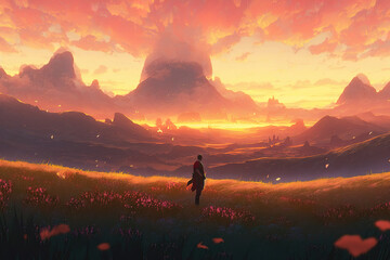 a cool fantasy anime man standing in a big fairytale field and watching the sunset, generative ai technology
