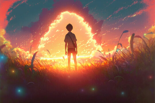 an young anime man standing in a big field and watching an impressive sunset scene, generative ai technology
