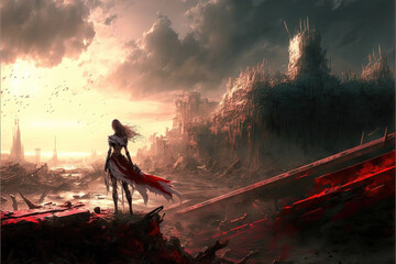 a beautiful anime woman in heavy armor standing in front of a big fantasy castle, the war is over scene, unhappy artwork, generative ai technology
