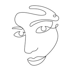 Woman face one line art, hand drawn continuous contour. Attractive girl portrait, beauty concept. Editable stroke. Isolated. Vector illustration
