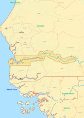 Naklejka premium The Gambia map with cities streets rivers lakes
