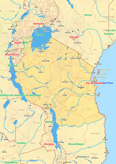 Tanzania map with cities streets rivers lakes