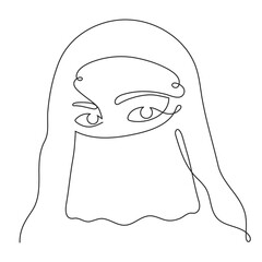 Eastern woman in hijab and veil, one line art, hand drawn oriental arab girl dressed in chador continuous contour.Traditional ethnic clothing.Editable stroke. Isolated. Vector illustration