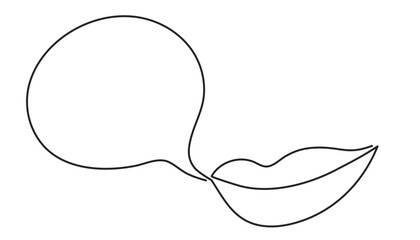Woman lips with speech bubble one line art, hand drawn smiling mouth continuous contour. Telling dialogue, chat communication. Editable stroke. Isolated. Vector illustration