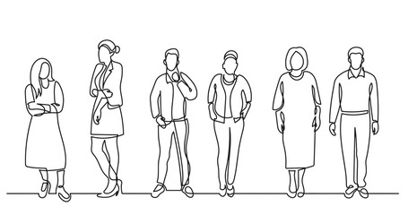 continuous line drawing of diverse group of standing people team members friends employees -  PNG image with transparent background