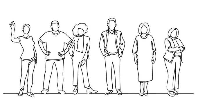 continuous line drawing of diverse group of standing people team members friends employees -  PNG image with transparent background