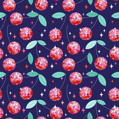 Seamless groovy pattern with cool mirror cherries. Hand drawn vector illustration. Cartoon style disco background. - 560224138