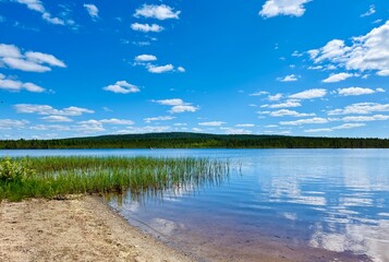 Sky reflection at the lake surface, peaceful summer lake view, no people