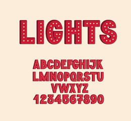 3d light bulb alphabet. Retro label font. Cartoon letters and numbers.