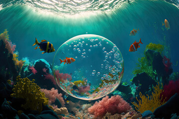 Fototapeta na wymiar Underwater air bubbles, a reef, an abstract backdrop, and the ocean are all in the background. Generative AI