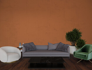 Modern living room with furniture front of the orange wall, 3d render