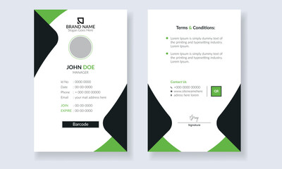 Id Card Layout with green accents. simple employee business name card template vector.  Professional Identity Card Template Vector for Employees and Others. Modern and minimalist id card template.