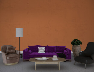 Modern living room interior with orange wall, 3d render