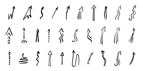 Arrows up set. Hand drawn direction indicator elements. Simple doodle pointers for interface design, cursors upwards.Isolated.Vector illustration