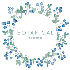 Watercolor wild berries frame. Hand drawn floral card design with natural elements blueberry branches and leaves.