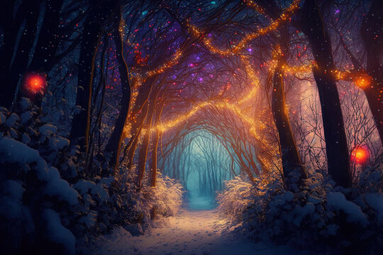 Fantastic Christmas background with a vivid winter woodland with colourful lights and garlands. Generative AI