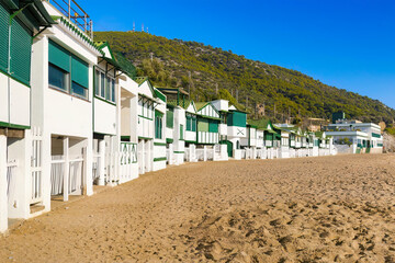 Perspective views of the old fishermen's huts on the beach of Garraf, Catalonia, Spain